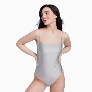 Square Neck High Leg Cheeky One Piece Swimsuit - Shade & Shore Silver Shine M